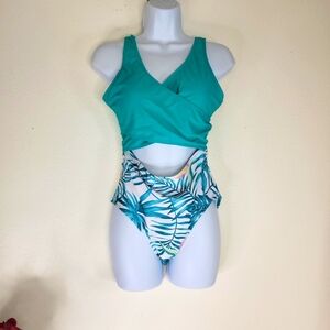 PatPat Teal and White Tropical Cutout Swimsuit